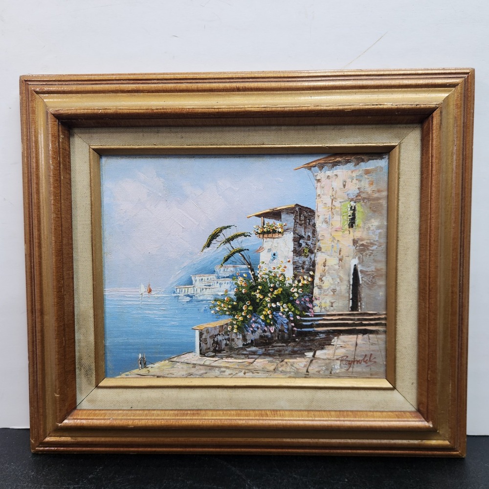 Vintage Reynolds Oil Painting Mediterranean Coastal Seascape Gold Framed 15"x13"